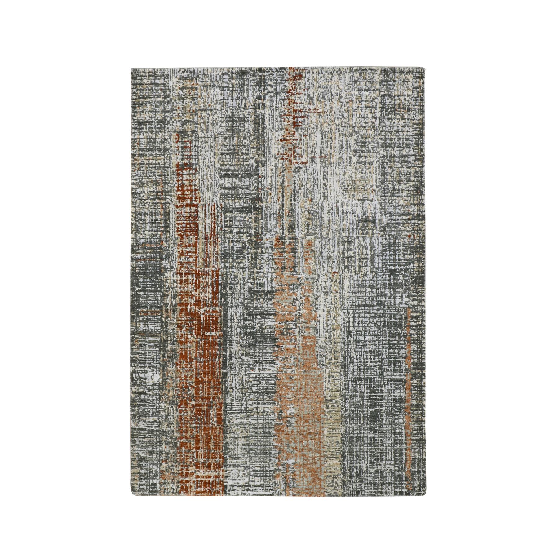 Charcoal Gray with Rust, Densely Woven, Hand Knotted, Abstract with Galaxy Design, Persian Knot, Pure Wool, Oriental Rug